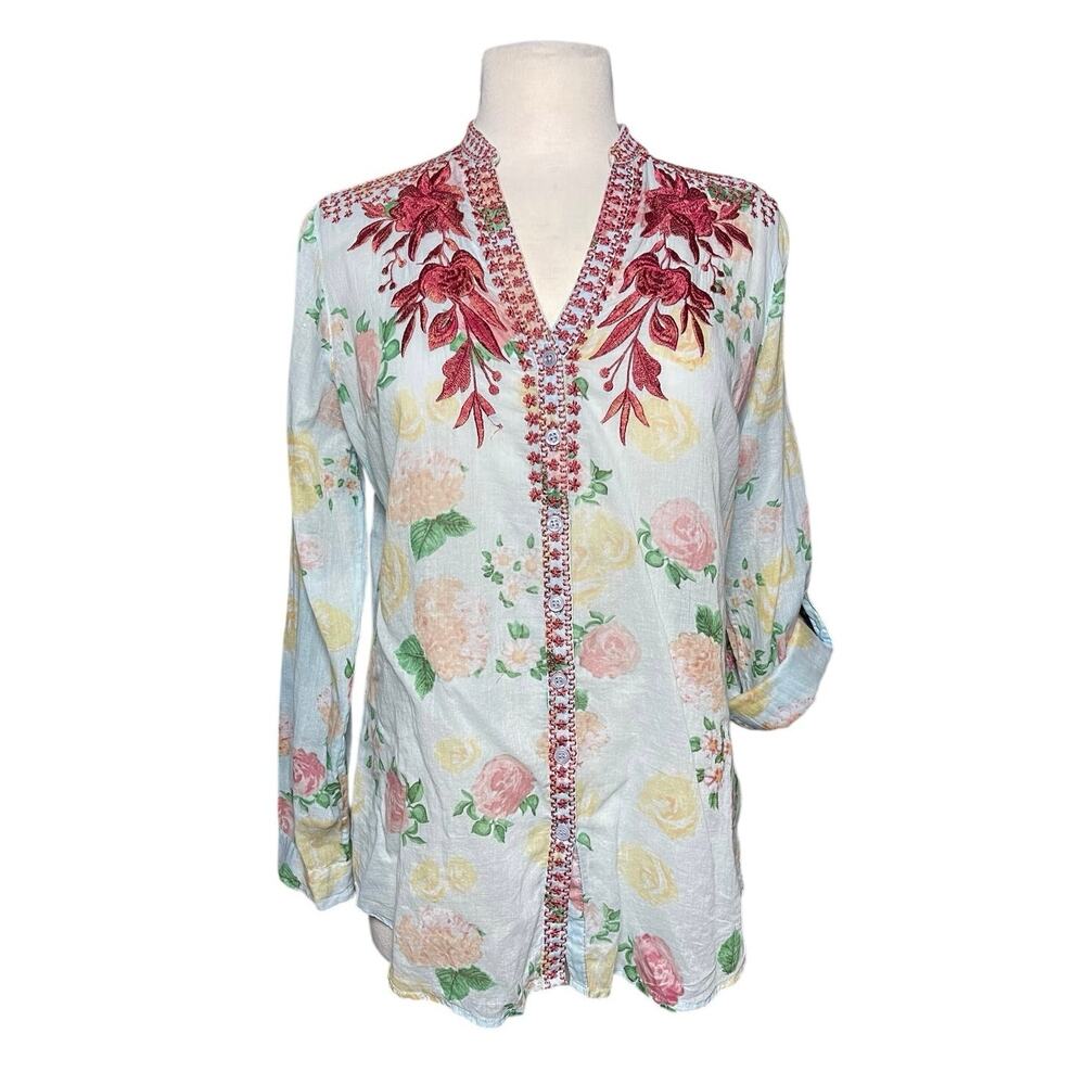 Women’s Boho Floral Embroidered Button Front Roll Cuff Long Sleeve Top